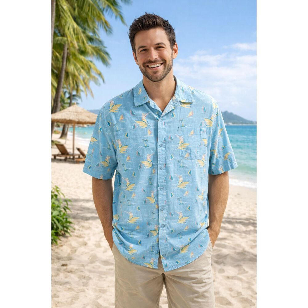 Tipsy Elves Men's Hawaiian Button Down Shirt Sharks Sailboat Beach Size XXL